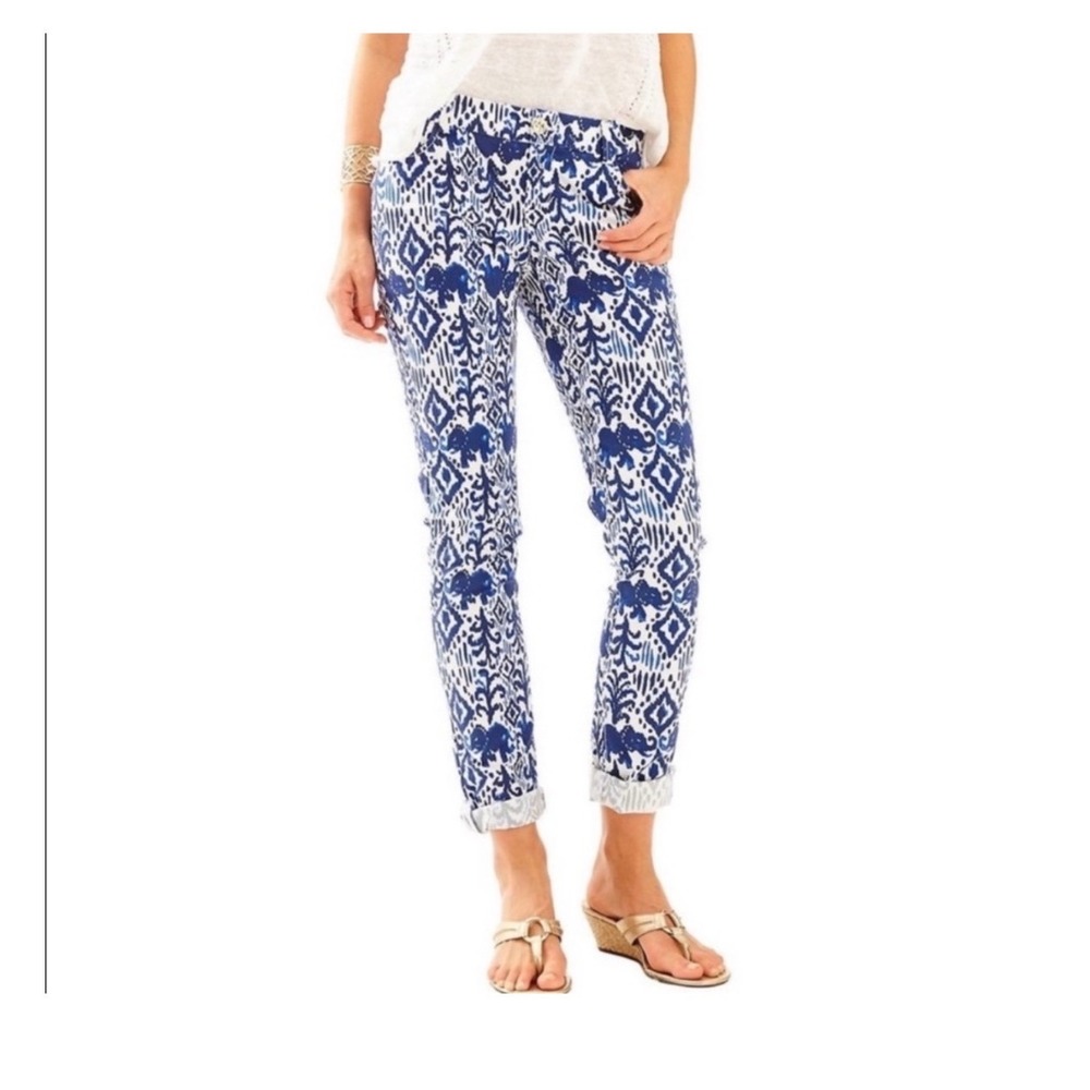 Lilly‎ Pulitzer Kelly Ankle Pant Blue White Elephant Ikat Print Slim Size 2